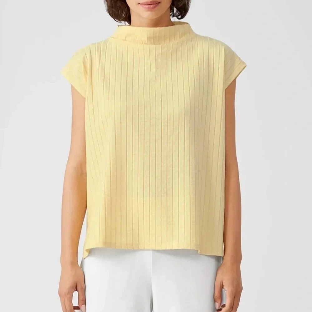 Eileen Fisher Washable Stretch Rib Funnel Neck Square Top  Butter Yellow Size 1X